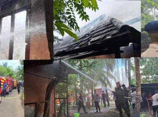 Kolase foto memperlihatkan suasana ketika kebakaran terjadi pada dua rumah di Kompleks Yayasan Darul Ulum, di Jalan Syiah Kuala, Kampung Kramat, Kecamatan Kuta Alam, Banda Aceh, Kamis, 3 Juli 2025. (Foto Abdul Hadi/Portalnusa.com)