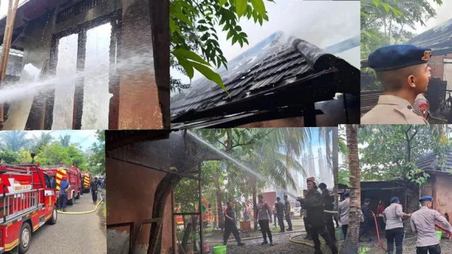 Kolase foto memperlihatkan suasana ketika kebakaran terjadi pada dua rumah di Kompleks Yayasan Darul Ulum, di Jalan Syiah Kuala, Kampung Kramat, Kecamatan Kuta Alam, Banda Aceh, Kamis, 3 Juli 2025. (Foto Abdul Hadi/Portalnusa.com)